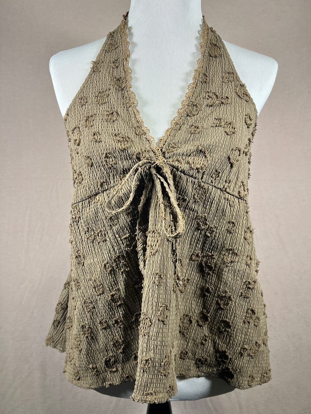 Rusttydustty XL Brown Boho Halter Tank Top Textured Tie Front Babydoll Flowy